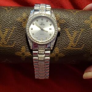 Men's Jean Paul Clear Gem Crystal Encrusted Silver Bling Watch‎ Date Window